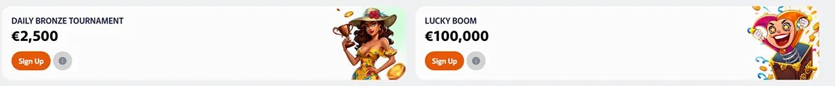 Wide promo banner showing “Daily Bronze Tournament €2,500” and “Lucky Boom €100,000” panels with orange Sign Up buttons and colourful character illustrations on a clean white background.