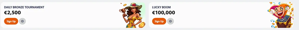 Wide promo banner showing “Daily Bronze Tournament €2,500” and “Lucky Boom €100,000” panels with orange Sign Up buttons and colourful character illustrations on a clean white background.