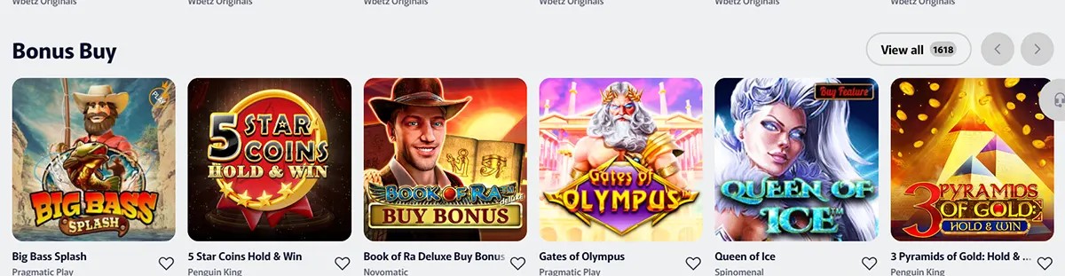 Horizontal “Bonus Buy” game carousel with large slot tiles (e.g., Big Bass Splash, 5 Star Coins, Book of Ra Deluxe, Gates of Olympus, Queen of Ice), each showing the provider, a heart icon, and navigation arrows plus a “View all” button.