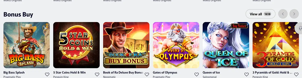 Horizontal “Bonus Buy” game carousel with large slot tiles (e.g., Big Bass Splash, 5 Star Coins, Book of Ra Deluxe, Gates of Olympus, Queen of Ice), each showing the provider, a heart icon, and navigation arrows plus a “View all” button.